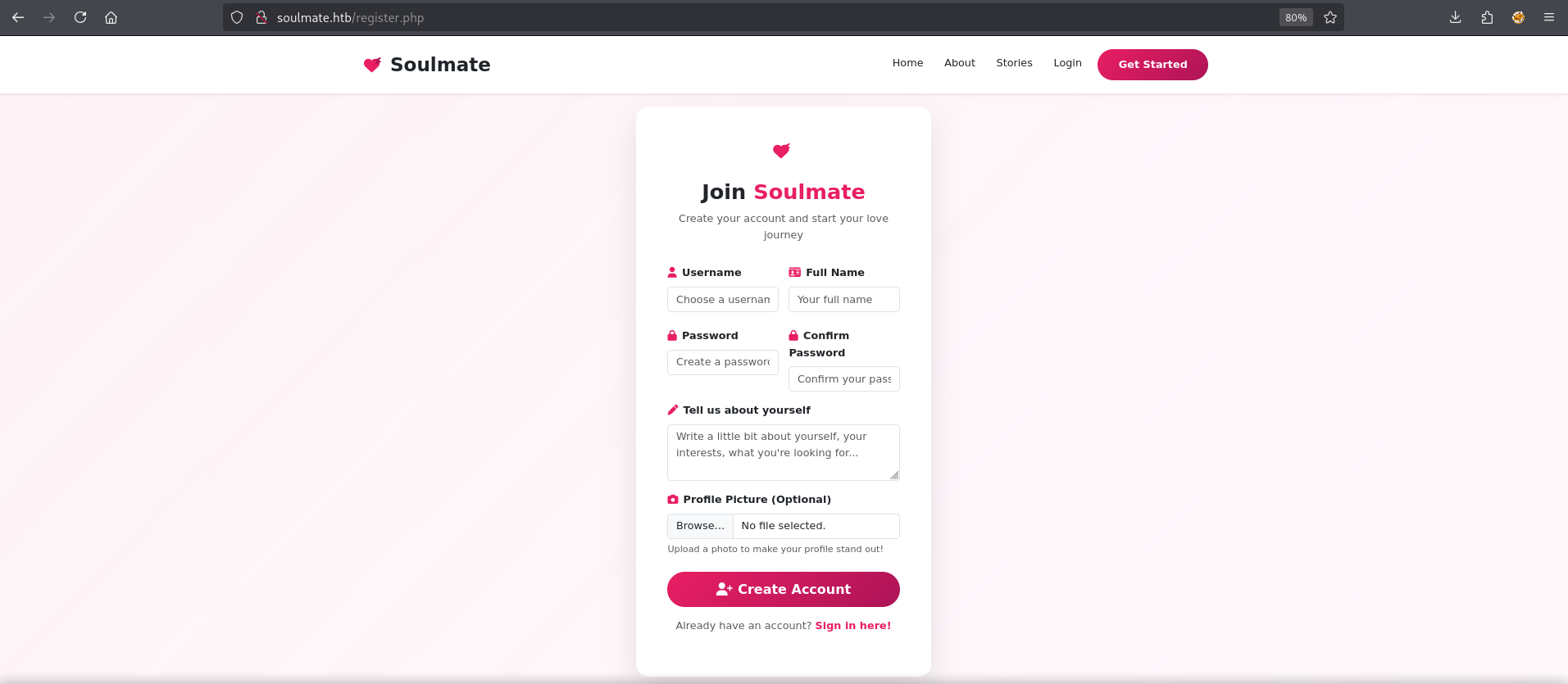 Soulmate register webpage