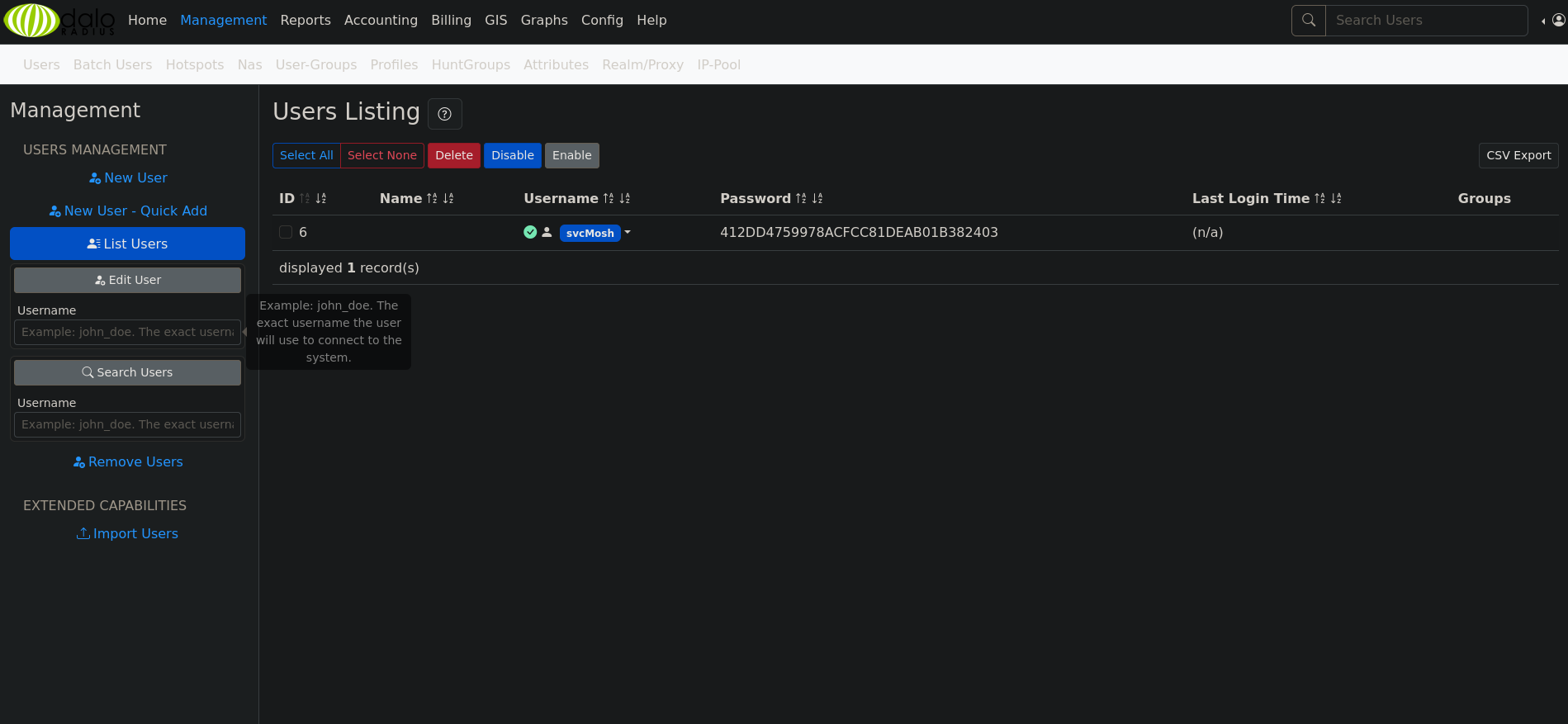 Daloradius Users List