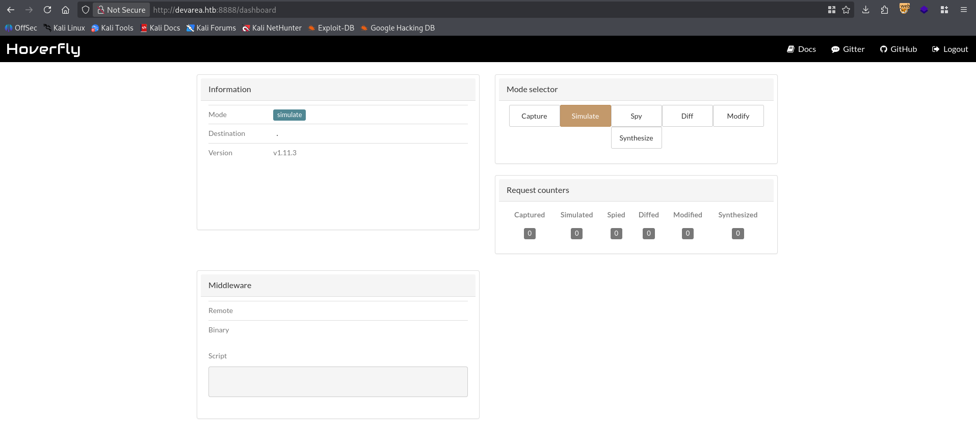 Hoverfly dashboard access